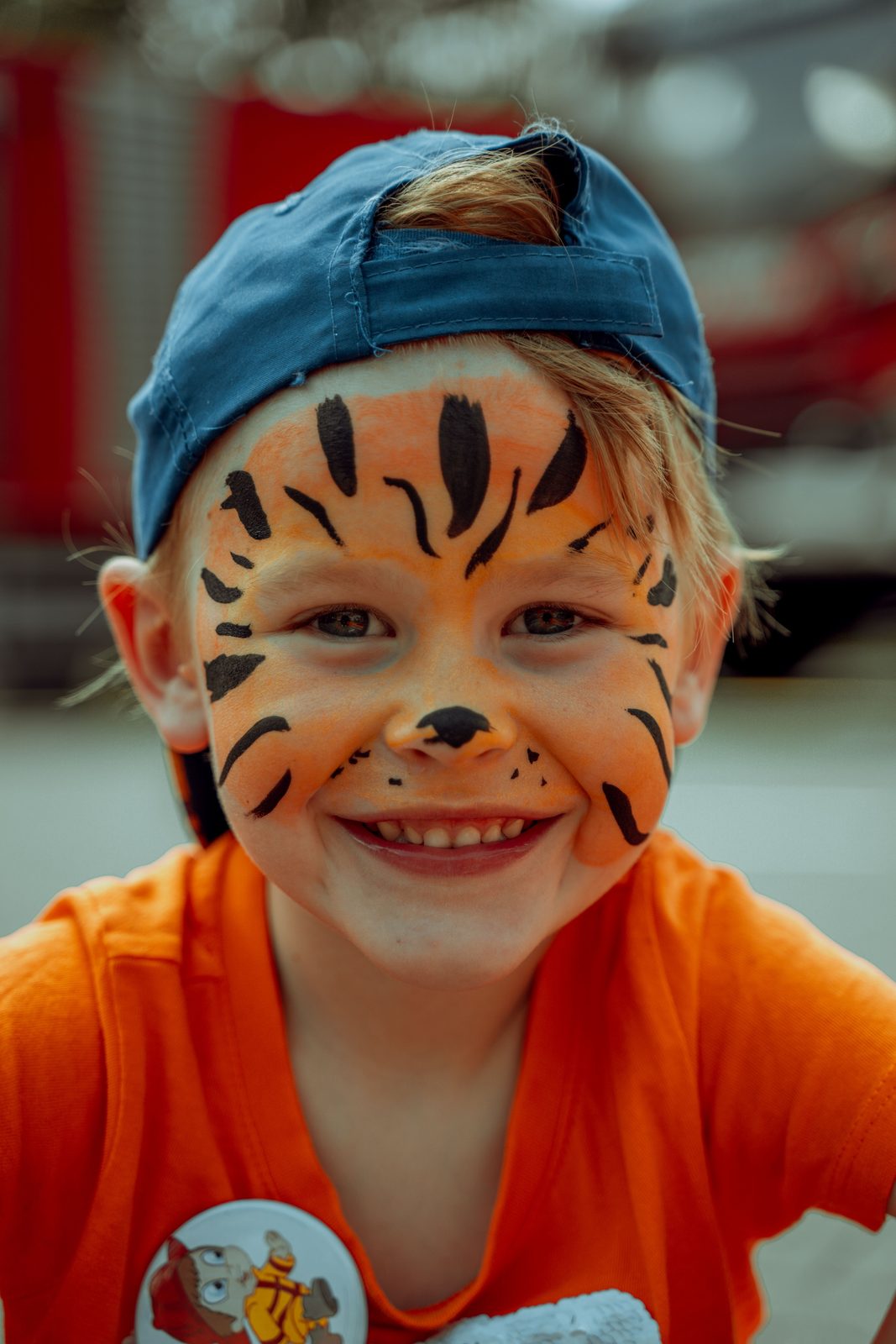 Boy with tiger face paint at an outdoor fair